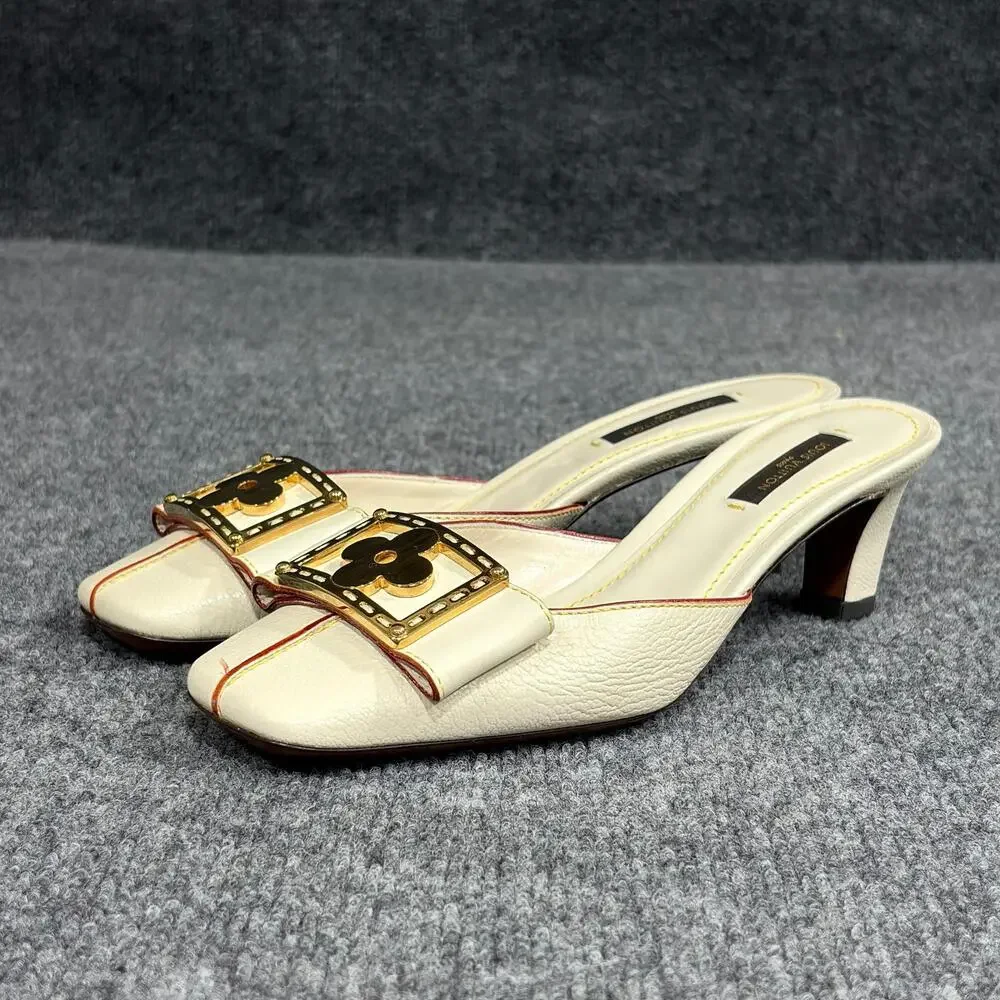 Louis Vuitton Shoes Womens 6 White Suhali Leather Flower Buckle Mule Kitten Heel